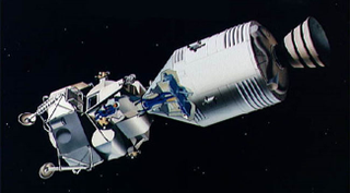 The LM, left, attached to the CM and SM (illustration from Apollo 11)